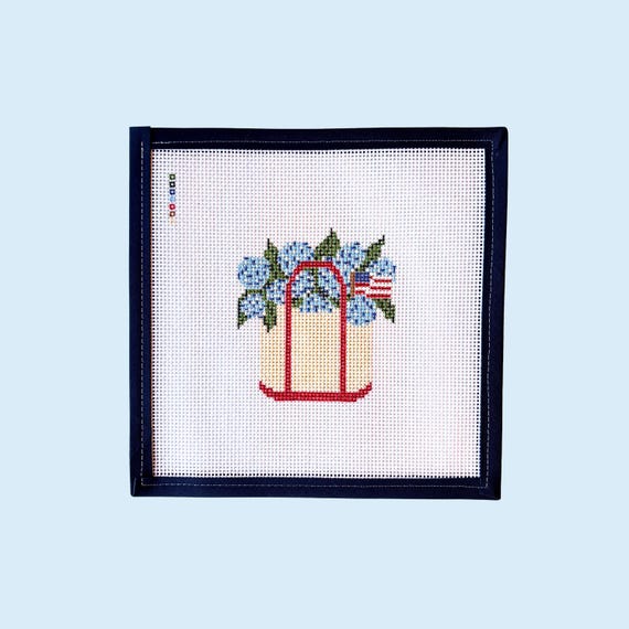 Hydrangea & American Flag Boat Tote Kit 13 Mesh Needlepoint Canvas Beginner