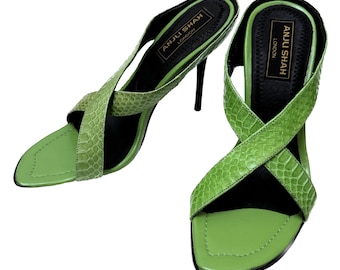 Real Python Skin Stilettos | Neon Green Sexy Heels | 4 inch ~ 10 cm Heel Height | Bright Green Snake Skin Sandals | Handmade