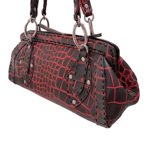 Red & Black Pure Leather Handbag | Crocodile Embossed Real Leather Bag | Handmade Handbag | Top Handle Long HandBag | Statement Shoulder Bag