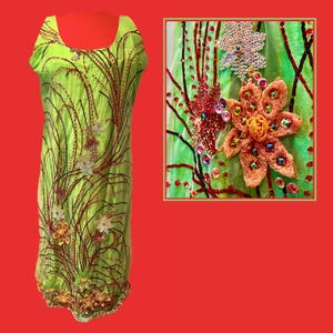 3D Embroidery Greenery Dress | Neon Green Raw Silk Dress | Pure Silk Floral Evening Dress | Elegant Cocktail Dress | Handmade Flower Dress