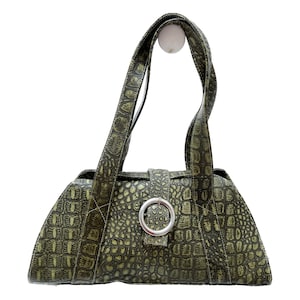 Pure Leather Handbag | Olive Croco Bag | Green Handbag | Crocodile Embossed Real Leather | Handmade Handbag | Top Handle Long HandBag