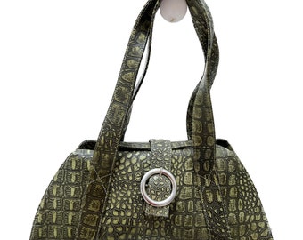 Bolso de piel auténtica / Bolso color oliva con estampado de cocodrilo / Bolso verde / Piel auténtica con relieve de cocodrilo / Bolso hecho a mano / Bolso largo con asa superior