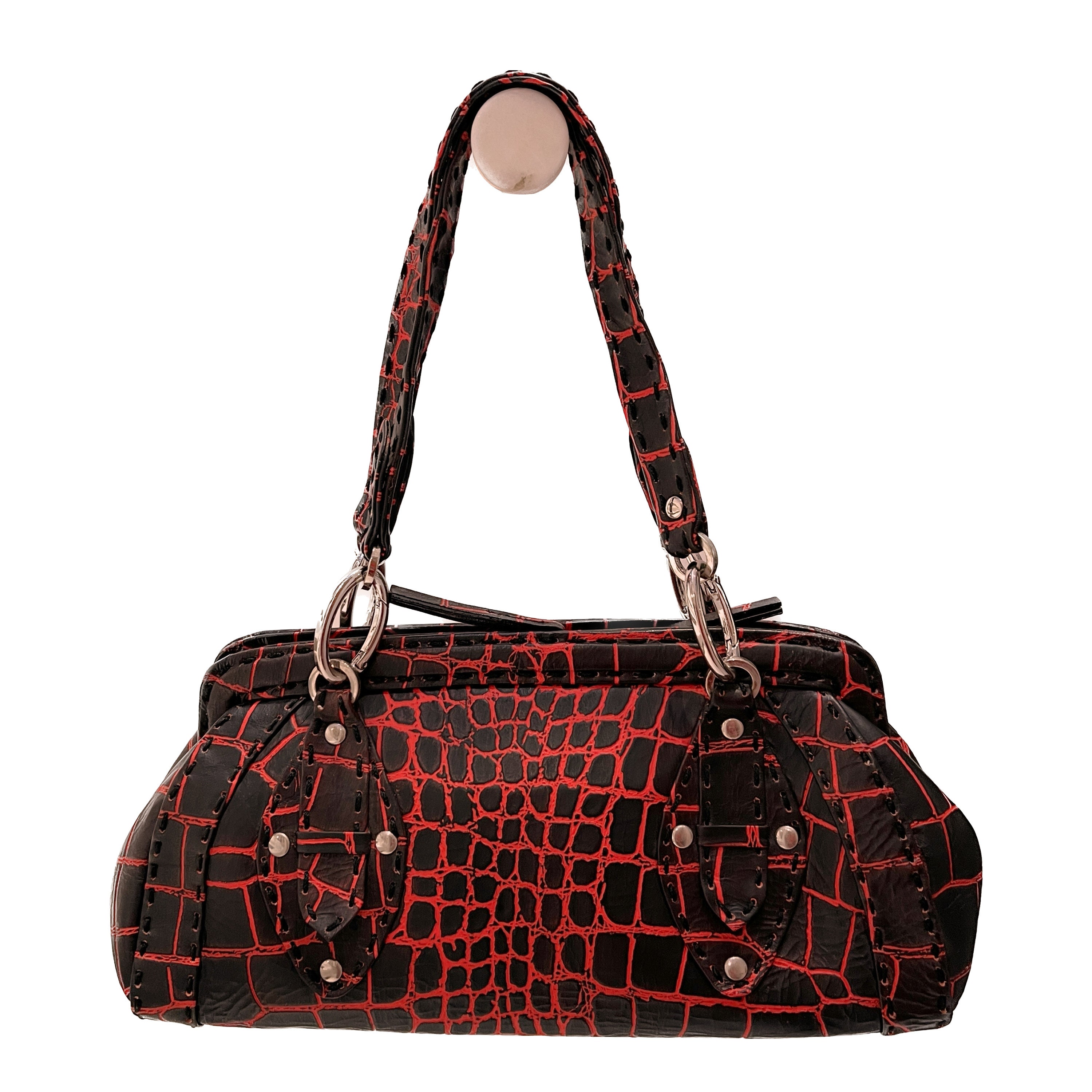 Red & Black Pure Leather Handbag | Crocodile Embossed Real