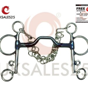 May include: A blue and silver horse bit with a curb chain. The bit has a loose ring on each side and a centre ring with a curb chain attached.