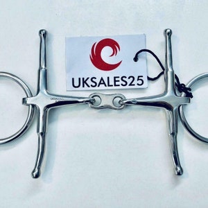 May include: A silver horse bit with two rings and a jointed mouthpiece. The bit is labelled "UKSALES25".