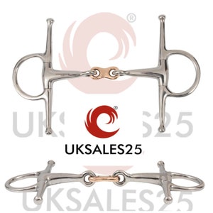 May include: A silver and copper horse bit with a loose ring on one side and a fixed ring on the other. The bit has a copper link in the middle.