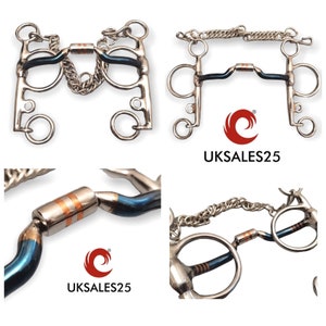 May include: A blue and silver horse bit with a copper roller. The bit has a chain attached to the mouthpiece. The bit is a type of snaffle bit, which is a type of bit that is used to control a horse's mouth.