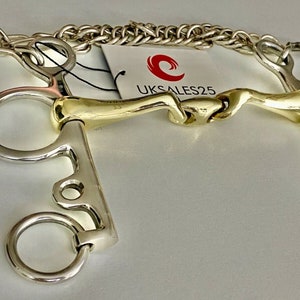 May include: A silver and gold horse bit with a twisted mouthpiece and a D-ring on one side and a ring on the other. The bit is attached to a silver chain.