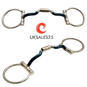 May include: A blue and silver horse bit with a copper roller. The bit has a D-ring on each end.