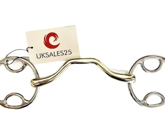 May include: A silver horse bit with a curved mouthpiece and two loose rings. The bit is designed to help with controlling a horse's mouth.