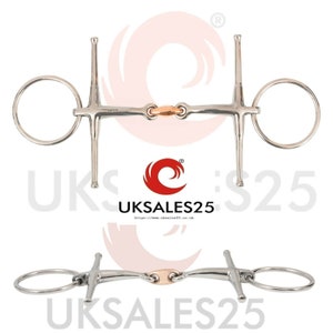 May include: A silver horse bit with a copper roller, featuring a T-shaped mouthpiece and two rings. The bit is designed for use in equestrian sports.