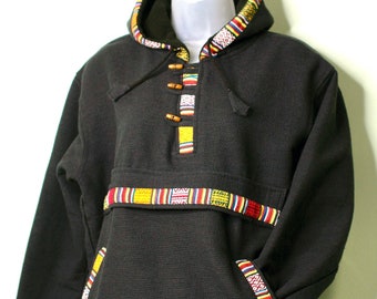Schwarze Baumwolljacke, Boho Hippie-Kleidung, gefütterte Unisex Jacke, Boho Kleidung Damen, Wintermäntel, tibetische Jacke, schwarze Oberbekleidung