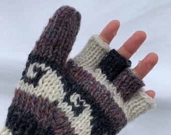 Fingerless gloves, Wool glittens, Convertible wool mittens, Handknit yak wool glittens, Texting gloves, Adult mittens