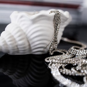 Puede incluir: Una concha blanca con una cadena plateada con pedrería. La cadena está colocada sobre la concha y se encuentra sobre una superficie negra.
