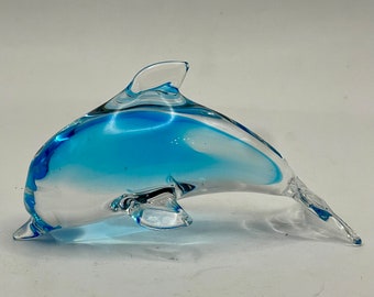 Art Glass Dolphin Paperweight ~ Clear Blue Figurine