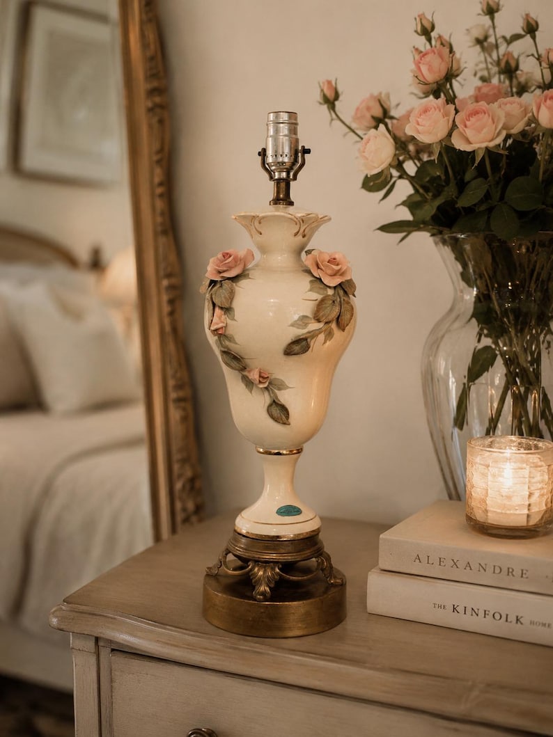 Rare 1960s Underwriting Laboratories Lamp with 3 Dimentional Roses image 1