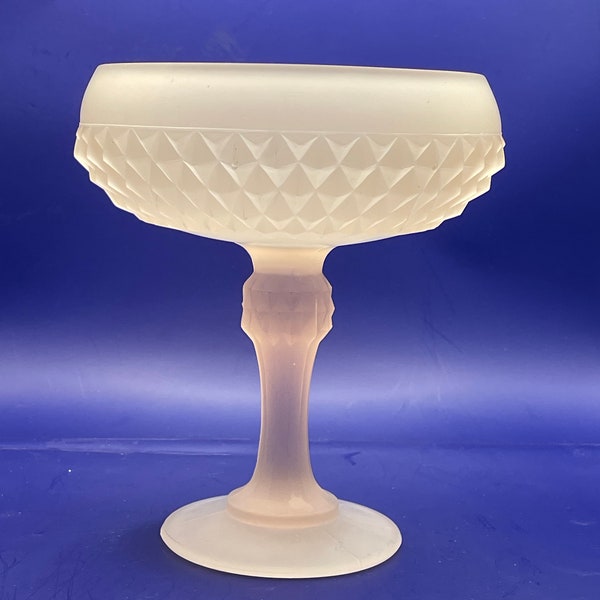 Vintage Indiana Frosted Glass ~ Pink/White Satin Compote ~ Pedestal Dish with Diamond Pattern