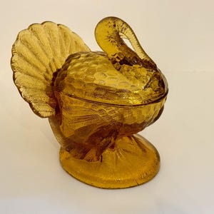 Molheira de peru em vidro âmbar dourado L.E. Smith vintage ~ Prato com tampa