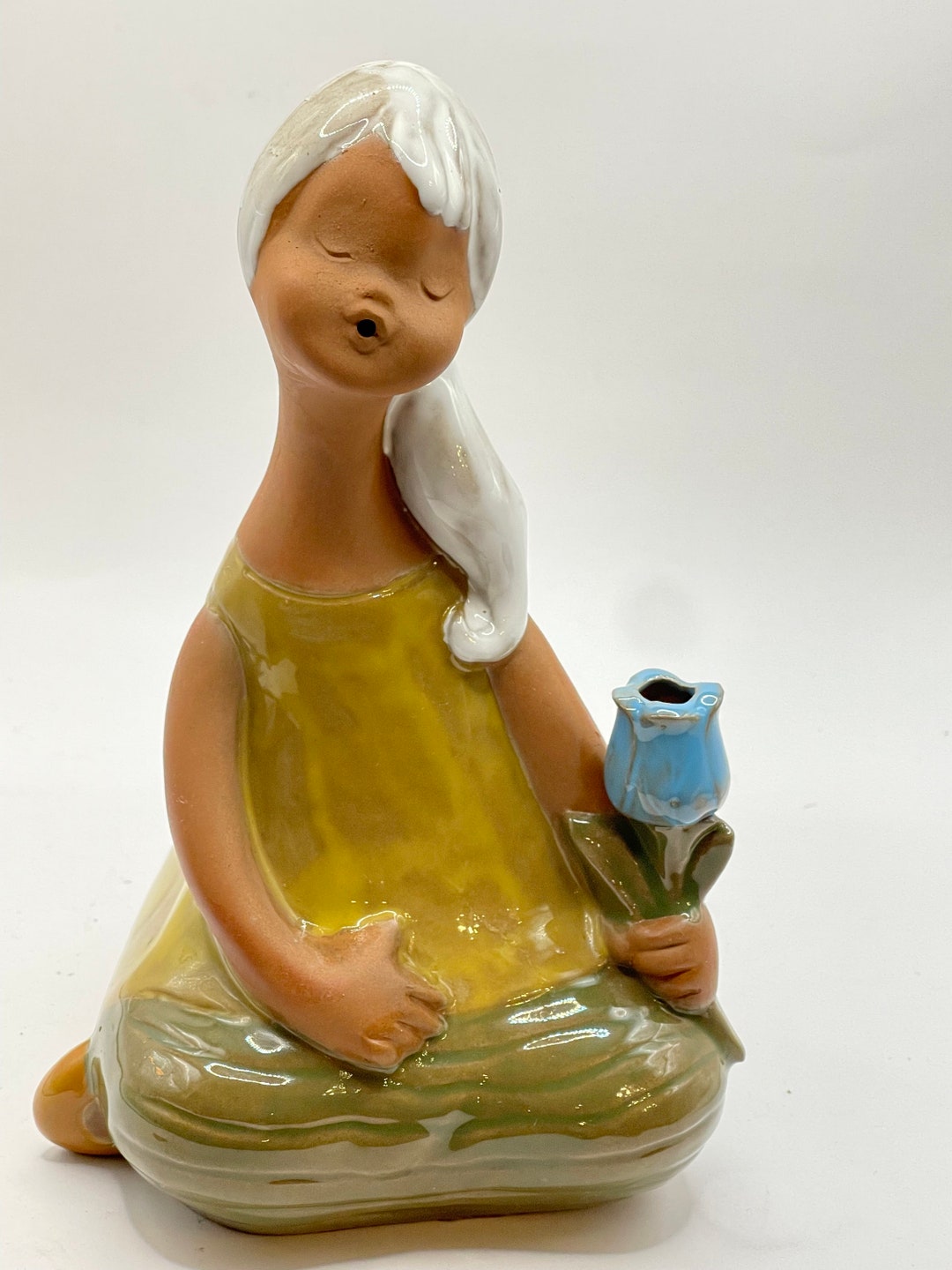 Japan Redware Art Pottery Girl With Flower Planter Figurine Etsy