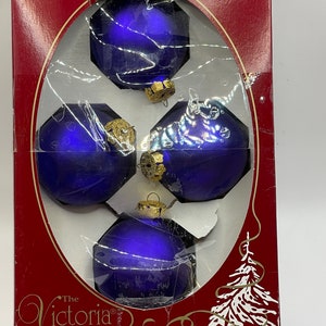 Vintage Boxed Victoria Collection Glass Purple Ornaments. Made in USA.