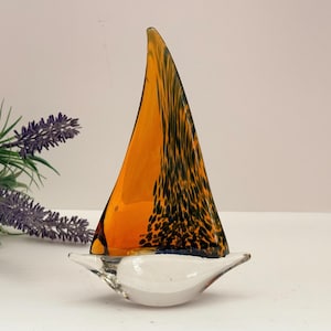 Vintage Amber & Blue Murano Style Glass Sail Boat Art Glass