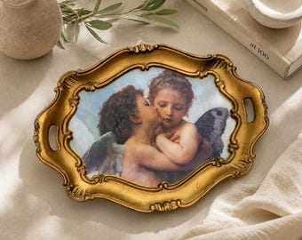 Vintage Florentine Tray, Bouguereau L'Amour et Psyché Print, Italian Gilded Decor