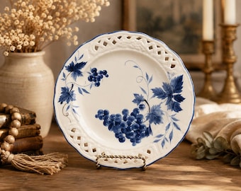 Vintage Brunelli Italy Salad Plate: Hand-Painted Grapes & Blue Rim