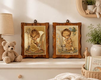 Vintage Coby Prayer Prints: 1980s Foil Wall Decor, Boy & Girl