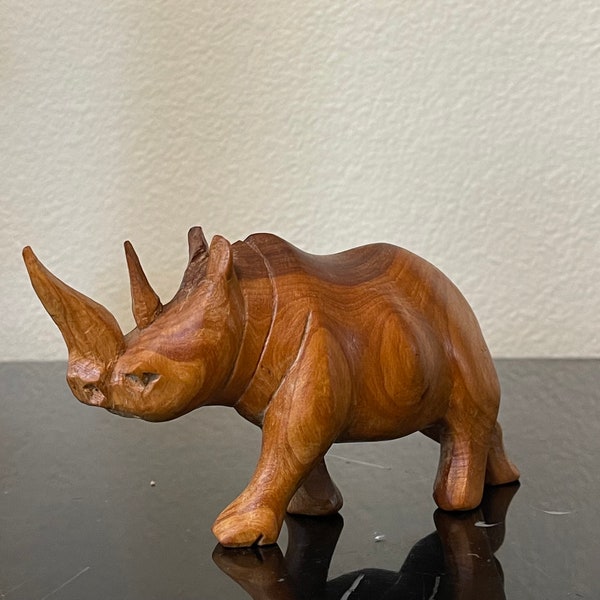 Hand Carved Rhinoceros ~ Wooden Vintage Figurine