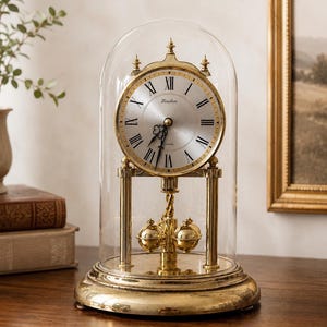 May include: A gold-tone quartz anniversary clock with a circular silver face, black Roman numerals, and the brand name Linden printed on the dial. The clock is encased in a glass dome and features a rotating pendulum with four gold-tone spheres.