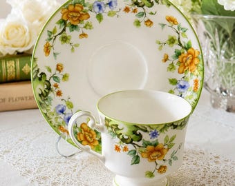 Mikasa Hampshire Bone China Tea Cup & Saucer Set | Vintage Floral Tea Cup | Yellow Blue Flowers | Elegant English Cottage