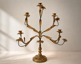 Vintage Unique French Style Heavy Brass and Metal Candelabra With Sculpted Lilies and Leaves