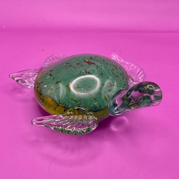 Handblown Glass Art Paperweight ~ Vintage Glass Blue Green Turtle