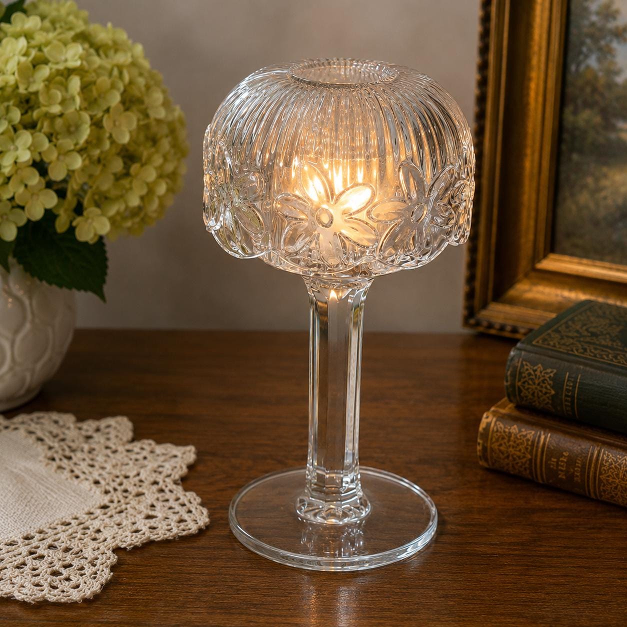 Vintage Czech Crystal Daisy Fairy Lamp | Pedestal Candle Holder