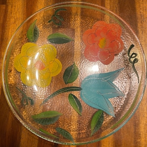 Italian Hand Painted Flowers Glass Rounded Plate/Bowl ~ Set of 2 ~ 8&quot; Diameter