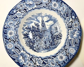 Set of 4 Vintage Ironstone Soup Plates, Blue White Transferware Colonial Scene Bowls