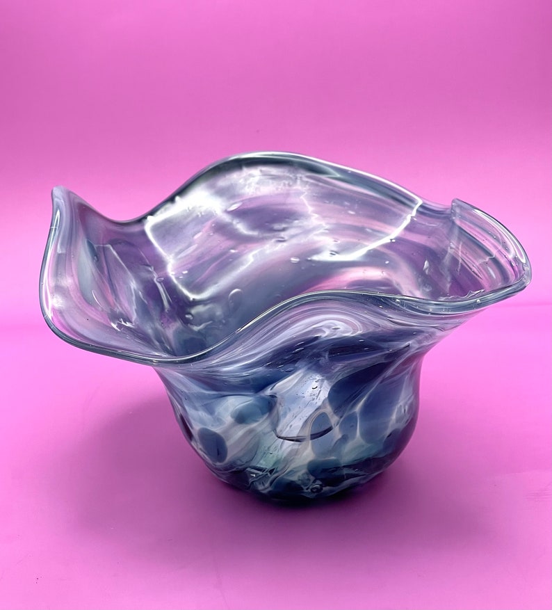 Blown Glass Bowl Ocean Blue Wave Design Art Glass Bowl Etsy