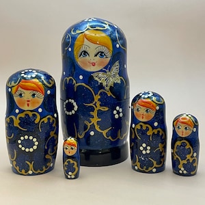Matryoshka Wooden Nesting Doll ~ Russian, Navy Blue Design Traditional Classic Flowers