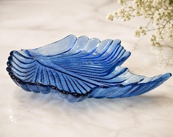 Vintage Blue Glass Leaf Shaped Dish