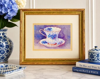 Barbara Mock Blue Nosegay Teacup Print,  Floral Cottage Decor, Ornate Gold Frame