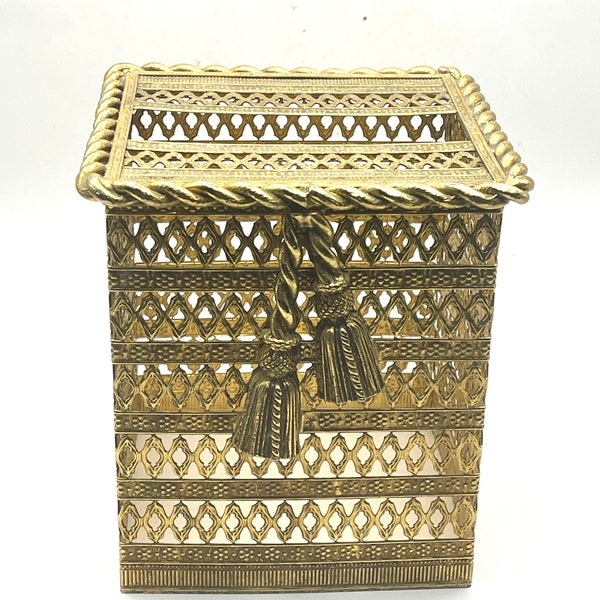 Gold Gilt Metal Filigree Tissue Box Cover ~ Vintage Ornate Hollywood Regency Tissue Holder