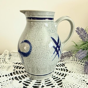 Pottery Stoneware Pitcher &quot;Staffel Stoneware W. Germany&quot; Cobalt Blue Pattern on a Small Gray Salt Glazed Pitcher 6 1/4”
