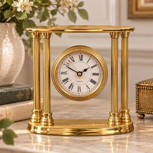 May include: A gold-toned mantel clock featuring a circular face with black Roman numerals and hands, suspended between four fluted columns on a flat oval base. The clock face includes the word QUARTZ printed in black below the center hands.