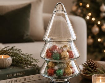KROSNO Poland Glass Christmas Tree Cookie Jar - Holiday Decor (9" H)