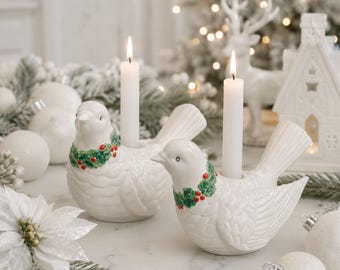 Vintage Fitz and Floyd Christmas Dove Candle Holders - 1970s Bird Decor