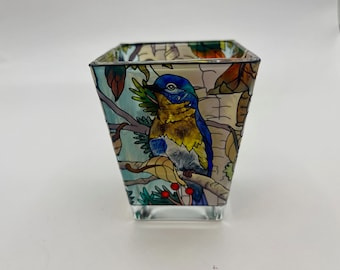 Hand Painted Bird Stained Glass Candle Holder - Amia Studios