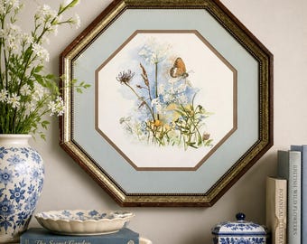 Bernadette Voss Botanical Print, Butterfly Wildflower Art, Octagonal Framed Wall Decor