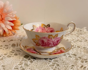 Royal Chelsea Bone China Teacup and Saucer: Vintage Pink Rose Floral, Gold Trim