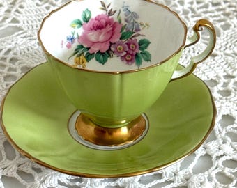 Adderley Bone China Cup & Saucer – Vintage Green with Pink Rose Floral and Gold Trim