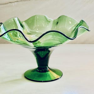 MCM Ruffled Green Glass Footed Compote Bowl